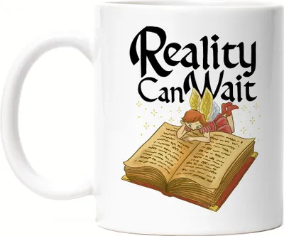 Produktbild von Reality can wait Tasse weiß Bücherliebhaber Fantasy Bookworm Lesen macht Spaß Märchenfigur Elfe Fee Buch