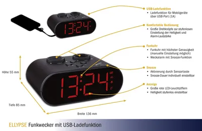 Produktbild von TFA Dostmann Ellypse Funk-Wecker USB-Ladefunktion LED-Anzeige schwarz Kunststoff