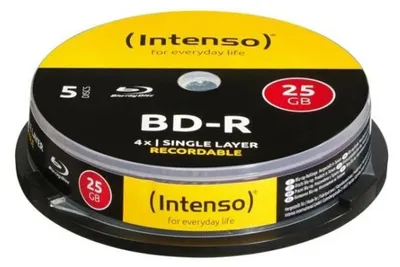 A product shot of a spindle of Blu-ray discs.