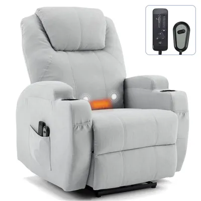 A light gray electric massage chair with heating and vibration functions, shown from the front.