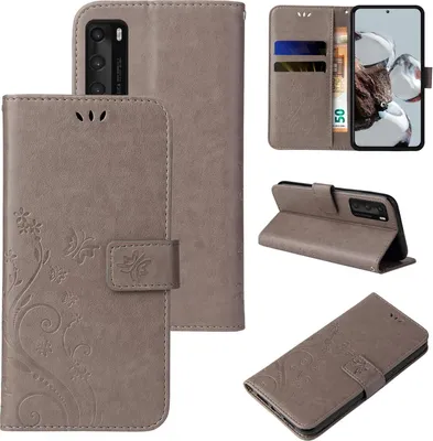 Produktbild von Handyhülle für Huawei P40 Floral Blumen Schmetterling Flip Cover Hülle Case Klapphülle Handytasche Farbe: Grau