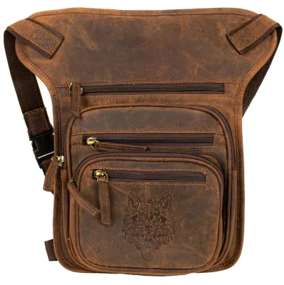 Produktbild von Motorrad Beintasche Echtes Leder Tasche Beinbeutel Biker Gürteltasche Wolf Motiv(Braun)