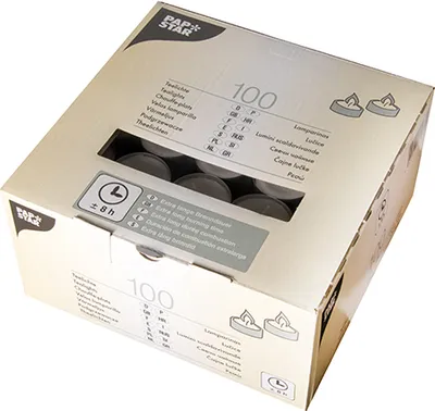 A cardboard box containing 100 tealights.