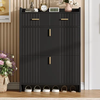 Productafbeelding van Schoenenkast, 75x108,5x24 cm, met 2 klepdeurtjes, 1 lade en open vakken, zwart, 100% spaanplaat, geschikt voor de entree