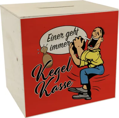 Produktbild von Kegelkasse Spardose aus Holz Einer geht immer in rot mit lustigem Kegelspieler