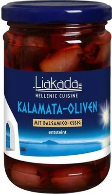 Produktbild von Liakada Kalamata-Oliven mit Balsamico-Essig entsteint 155 G Glas Intensiv würzig-fruchtig Vegan Glutenfrei