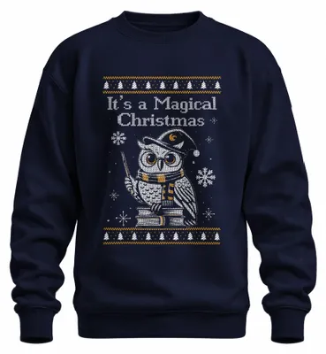 Imagen del producto de Es un suéter navideño uni de la marca "Eule Zauberei", ideal como regalo para Navidad. Color: azul marino. Talla: M