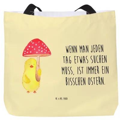 Produktbild von Mr. & Mrs. Panda Reisetasche Küken Fliegenpilz - Gelb Pastell - Geschenk, Tasche, Beutel, Ostergrüße, Strandtasche, Glückspilz, Laptoptasche, Tote Bag, Ostern, Frohe