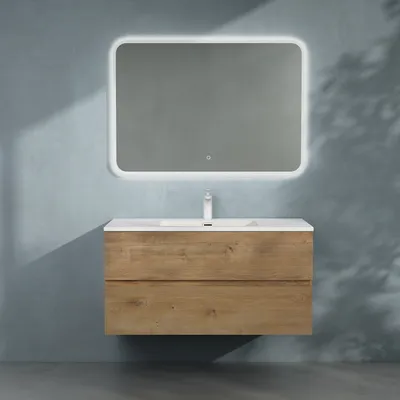 Produktbild von doporro Badmöbel-set Waschbecken-Unterschrank Badezimmer Wandmontage-Unterschrank BTH: 100x48x50 cm in Kerneiche inkl. Mineralguss-Waschbecken und LED-Spiegel Aqualis