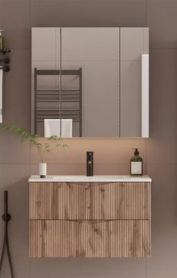 Produktbild von Badmöbel-Set 2-teilig mit 80 cm Waschtisch & Spiegelschrank in Eiche mit gerillter Front - CALURI-140