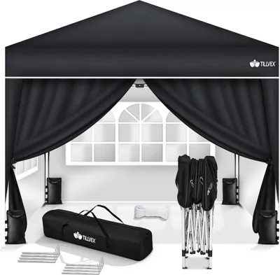 A black pop-up canopy tent and its accessories are displayed against a white background.