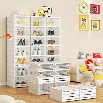Produktbild von Schuhaufbewahrung 12-stöckig - Faltbares Schuhregal - Magnettür - Für 12 Paar Schuhe - Kunststoff - Weiß