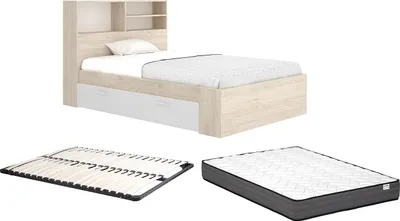 Produktbild von Bett 120 x 190 cm mit Kommode und - Natur und weiß + Rahmen + Matratze - VARDIEL