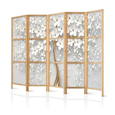 Produktbild von Paravent Blumen 225x171 cm 5-teilig einseitig eleganter Sichtschutz Raumteiler Trennwand Raumtrenner Holz Design Motiv Deko Home Office Botanik Natur blühender Baum b-B-0475-bh-c