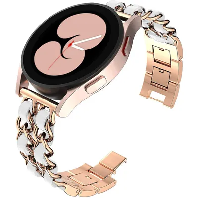 Produktbild von FFO2World 20-mm Leder-Metallarmband – Für Samsung Galaxy Watch 7/6/5/4/FE und andere 20-mm-Uhren – Metall + Echtleder – Roségold/Weiß