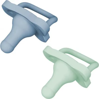 Two pacifiers, one blue and one green, are shown against a white background.