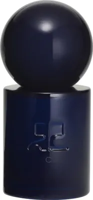 A dark blue perfume bottle with a spherical cap.