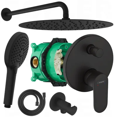 Produktbild von HANSGROHE VERNIS BLEND Armatur +Ibox | BOFLER Unterputz Duschset #45, Regendusche Ø30cm, Handbrause, Brauseschlauch, Brausehalter, Arm, matt schwarz
