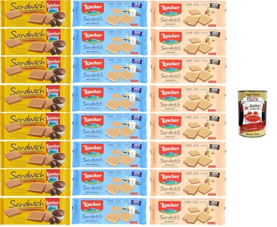 Produktbild von Loacker Testpaket - Schokoladen-, Haselnuss-, Milch-Vanille-Sandwich - Waffelkekse umhüllt von 2 knusprigen Kakaowaffeln 24x75gr+Italian Gourmet Polpa di Pomodoro 400gr
