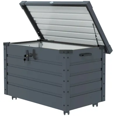 Produktbild von Kissenbox verzinkter Stahl, Gartenbox Aufbewahrungsbox Outdoor, wetterbeständig, Dunkelgrau | abschließbar | 295 L, 4 Rollen | 100 x 62 x 65 cm