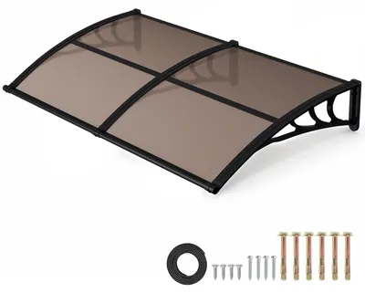 Obrázek produktu pro Pevná stříška nad vchodové dveře s okapem, rozměry 200 x 100 cm, stříška z polykarbonátu, barva černá/hnědá, ochrana proti dešti pro vchod