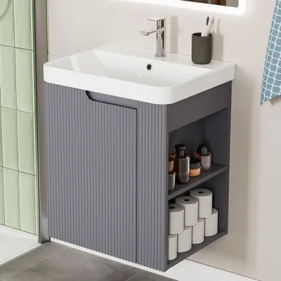 Produktbild von HOROW 51 cm Waschtisch inkl. Waschbecken, Waschbecken mit Unterschrank, 2-teilig Badmöbel Set, Grau Badmöbel mit Waschbecken, Vormontiert geliefert