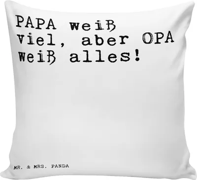 Produktbild von Mr. & Mrs. Panda Kuschel Kissen PAPA weiß viel, aber... - Weiß - Geschenk, Zierkissen, Geschenke für Männer, Spruch Sprüche Weisheiten Zitate Lustig Weisheit Worte, 40x40