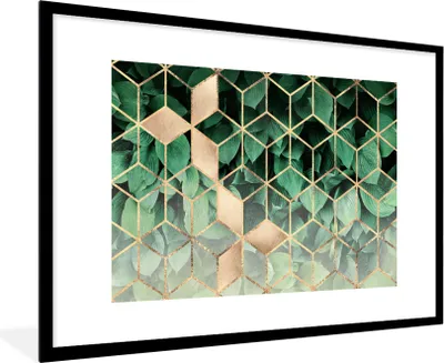 Produktbild von MuchoWow® Gerahmtes Poster Blätter - Gold - Muster - Würfel - Luxus 90x60 cm - Poster mit Schwarzem Bilderrahmen Wandposter Rahmen Foto Bilder - Wanddekoration - Fotos