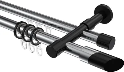 Produktbild von Interdeco Rundrohr-Innenlaufstange / Gardinenstange (Kombination) Chrom / Schwarz, Typ Prestige Verano (Schräge Bicolor), 20 mm Ø 2-läufig, 420 cm