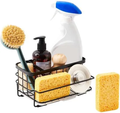 Image de Armoire de cuisine noire avec égouttoir, étagère et porte-brosses