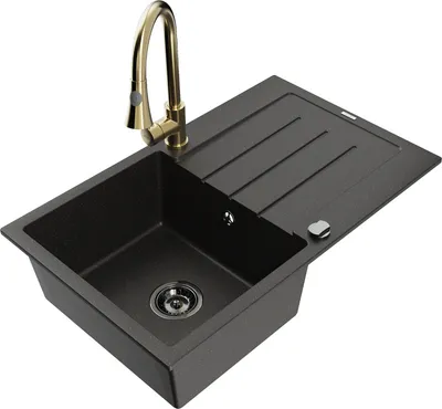Produktbild von Mexen Bruno 1 Becken-Granitspüle mit Abtropffläche und Mischbatterie Elia, Schwarz/Gold metallisch - 6513-75-670101-50-B