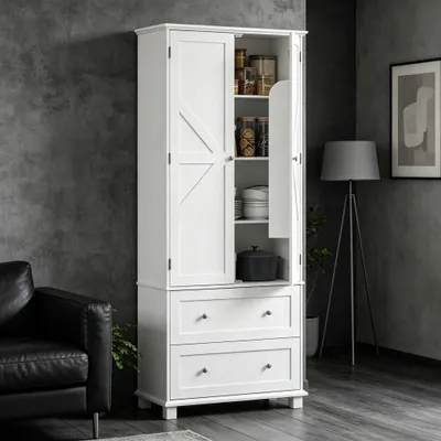 Produktbild von Hochküche Buffet 80 x 39,5 x 184,5 cm mit 2 Türen, 2 Schubladen und 6 Ablagen, verstellbare Regale, Weiß