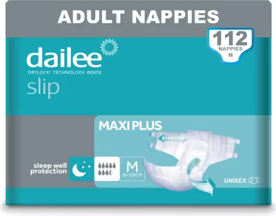Immagine prodotto di Dailee Slip Maxi Plus M - 112 pannolini per adulti - per l'incontinenza femminile e maschile - 8,5 gocce, taglia M (circonferenza fianchi 80-135 cm) - 112 pezzi