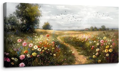 Productafbeelding van Canvasprint: Bloemenzee op het platteland, 50x100 cm. Boerenlandschap, wanddecoratie, kunstafdruk