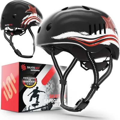 Produktbild von SKATEWIZ Fahrradhelm Skaterhelm für Kinder und Jugendliche - Extrem leicht - FIDLOCK Magnetschnalle - Größe-S - 49-53cm;Schwarz Rot Weiß