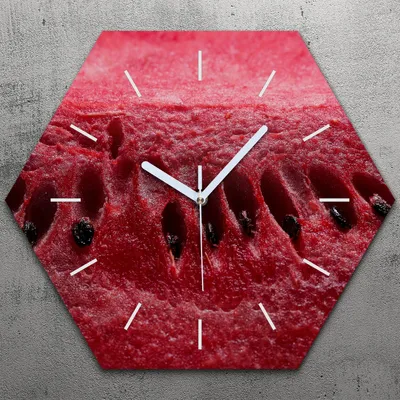 Produktbild von Uhr hexagonal 40 cm Glas Geräuschlos weiße Zeiger - Wassermelone Frucht