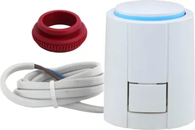 A white thermostat actuator with a red adapter and a white cable on a white background.