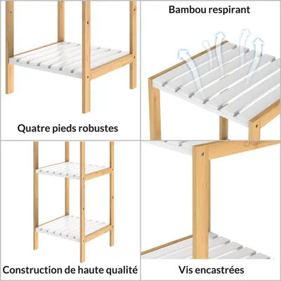Image de Étagère en bambou 4 niveaux Meuble de rangement avec tablettes blanches Charge max. 40 kg Maison intérieur salle de bain