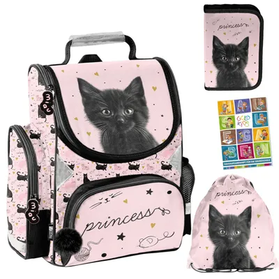 Produktbild von Schulranzen für Jungen und Mädchen, 4er-Set - Schul-Rucksack für Kinder mit Federmäppchen - Schuhbeutel und Hausaufgabenheft - Katze Motiv