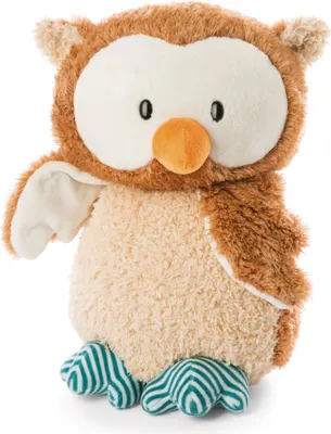 A stuffed owl toy is shown against a white background.