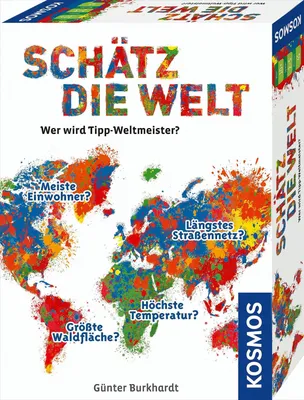 The image shows the front and side of a board game box with a colorful world map illustration.