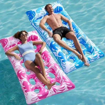 Immagine prodotto di Materassini gonfiabili per adulti con poggiatesta, galleggianti, ideali per piscina, spiaggia e divertimento in acqua (blu, rosa)