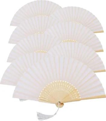 Produktbild von 8er Weiß Seiden Fächer Bambus Handfächer Taschenfächer Stofffächer Faltbar Dekofächer mit Box Hochzeit Party Kirche Kinder Gastgeschenk