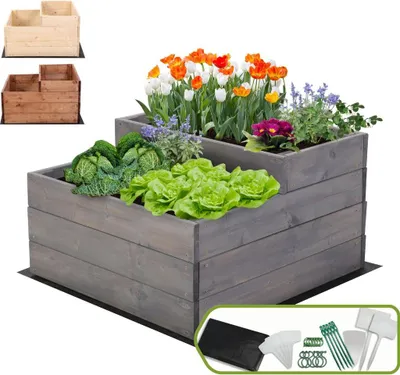 Produktbild von MODO24 Hochbeet Holz, Pflanzkasten, Massivholz, Kiefer, Kräuterbeet, Blumenkasten, Garten, Terrasse, 36x60x63 cm, Grau, ZP07