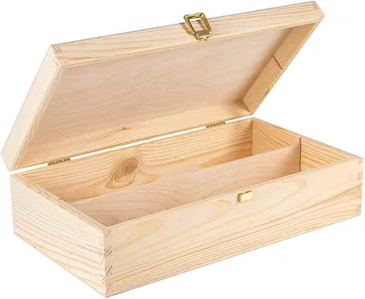 An open wooden box with a lid, designed to hold two bottles.