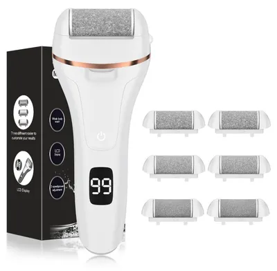 Zdjęcie produktu dla Zestaw do pielęgnacji stóp z elektrycznym peelingiem do zrogowaciałej skóry, 8-w-1, biały, IPX7, wyświetlacz LCD, 2 prędkości