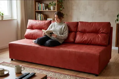 Produktbild von Schlafsofa KIMO Boston – mit Schlaffunktion und Bettkasten, Kunstleder in Rot, Family Meble, KI-generiertes Bild