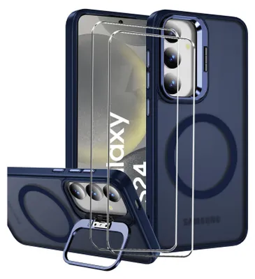 Obrázok produktu pre sada ochranných krytov 2v1 pre Samsung Galaxy S24 Plus pozostáva z 2x ochranného skla 9H a 1x silikónového puzdra - kryt v tmavomodrej farbe