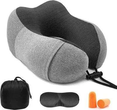 Zdjęcie produktu dla Poduszka podróżna Unyqoos® z pianki memory – ergonomiczna poduszka pod głowę, szara, 28 x 25 x 13 cm, w zestawie maska na oczy, zatyczki do uszu i pokrowiec