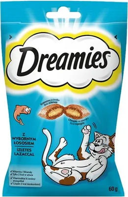 A bag of Dreamies cat treats with salmon flavor.